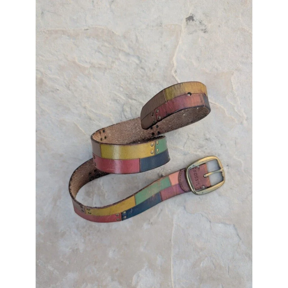 Fossil Belt Leather Patchwork Brass Rivets and Buckle Small 37 inches